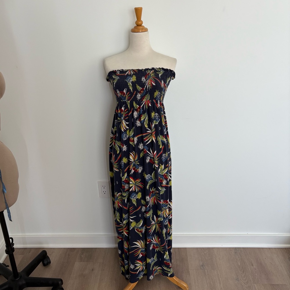 Juicy Couture Womens Strapless Maxi Dress Size Medium Navy Blue Tropical Summer